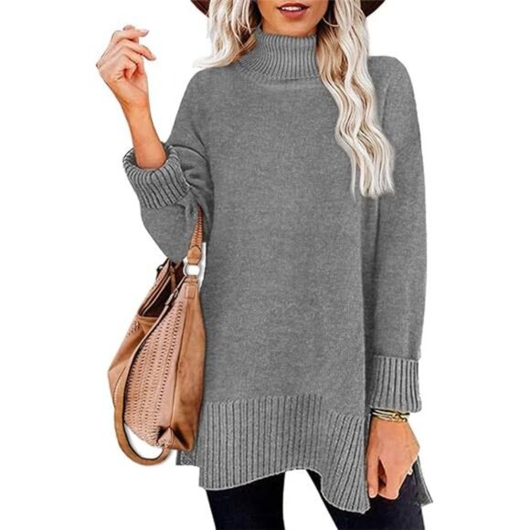 Women's Turtleneck Sweater – Oversized Pullover with Side Split - Picture 6 of 6